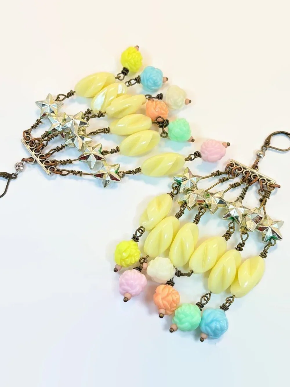 Vintage Earrings, One of a Kind, Bohemian, Stars, Pastel, Dangle, Pink, Blue